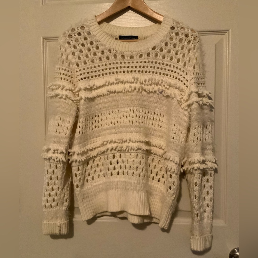 Banana Republic Cream Crochet Fringe Cocoon Sweater Mesh Pullover Boho Size M